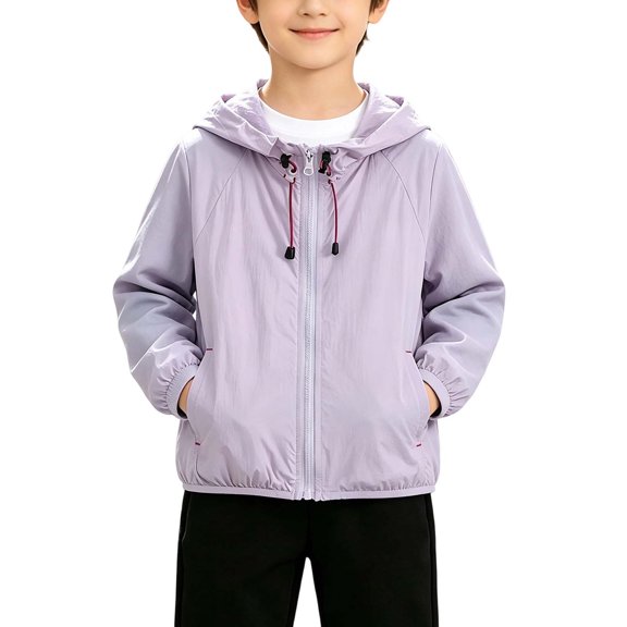 Lmnyox Rain Jackets for Kids Zip Up Long Sleeve Drawstring Hooded Coats Solid Color Outdoor Jackets with Pockets