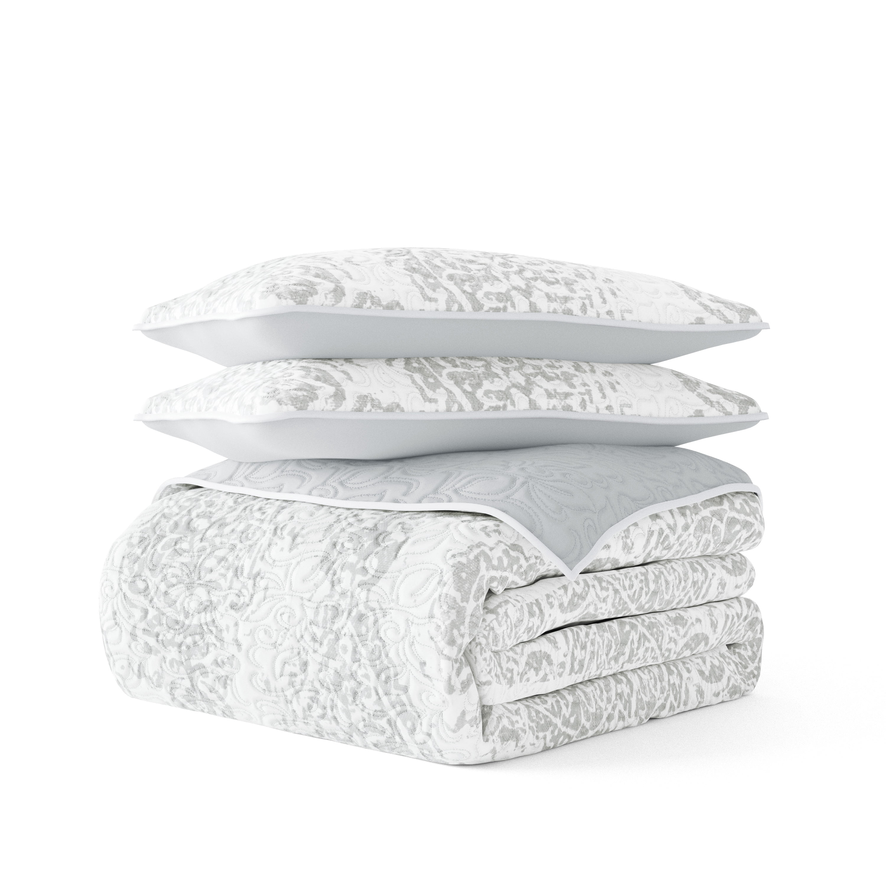 Noble Linens Light Gray 3 Piece Distressed Damask Reversible Print Quilt Set, King / CalKing