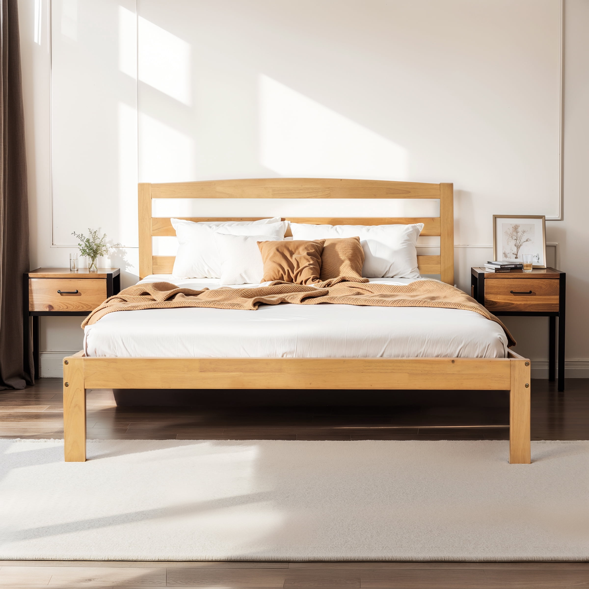 Subrtex 12" Solid Wood Platform Bed Frame with Headboard, Natural Wood, King