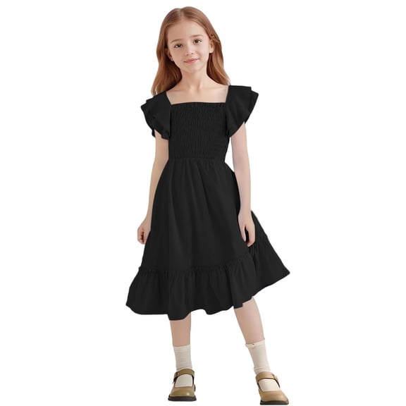 JUSLIO Dresses for Girls Pleated Dresses Ruffle Crew Neck Short Sleeve Casual Dress Size 5 Y