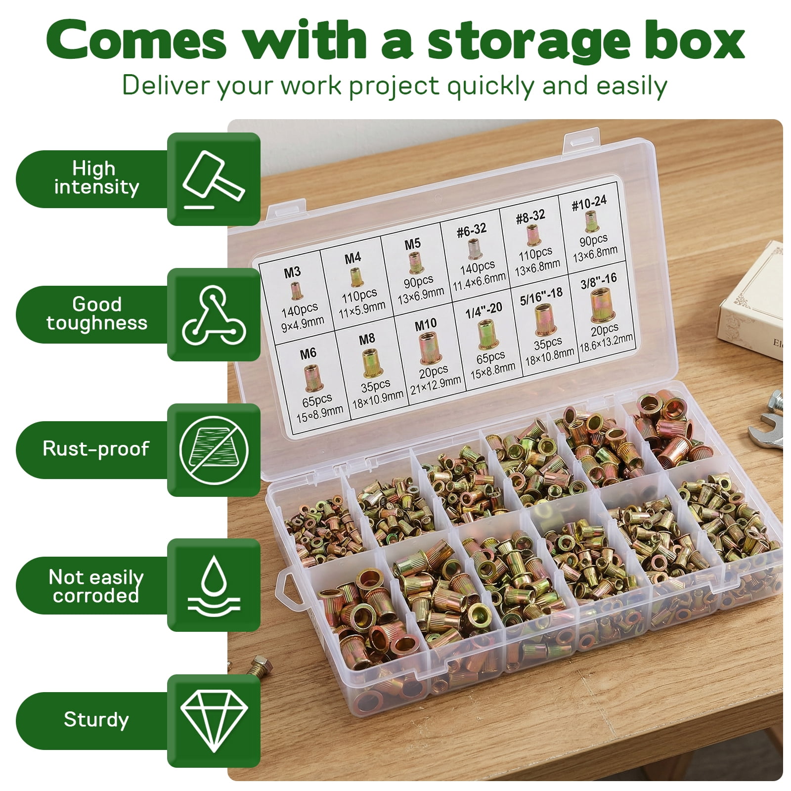 920Pcs Metric SAE Flat Head Rivet Nut Assortment Kit Zinc Plated Carbon Steel M3 to M10 6-32 to 3/8-16 for Hardware Fastening