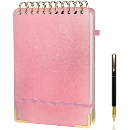 A5 Top Spiral Notebook Large Leather Hardcover Top Bound Steno Pads 240 Pages 100 gsm Thick Lined Paper Left Handed Notebook Journal for Work School Meeting Writing - Pink 5.9 x 8.5
