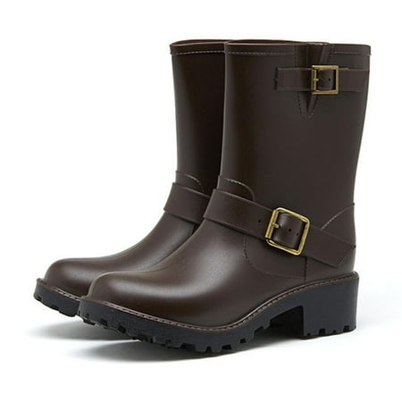 

CaComMARK PI Women s Mid Calf Dress Boots Biker Motorcycle Riding Boots Low Heel Work Rain Boots with Adjustable Buckle Black/Brown clearance items