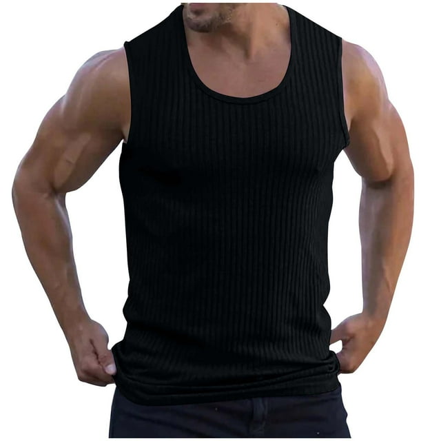 Timegard Shirts for Men Ribbed Round Neck Sleeveless Comfy Solid Color Tee Casual Workout Gym Tank Top
