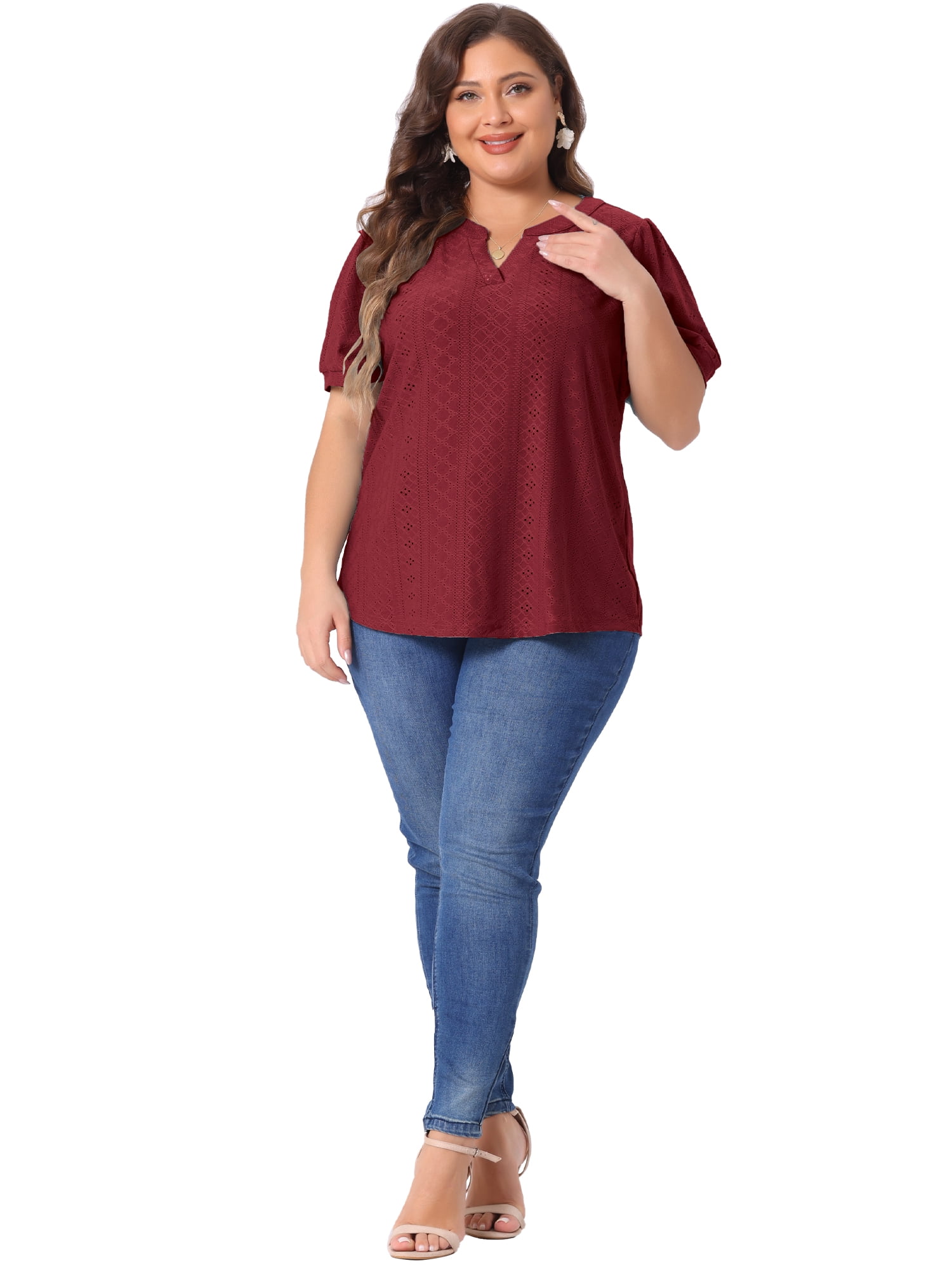 DARING DIVA Women's Plus Tops Hollow Casual V Neck  Summer Blouse Shirts 4X Burgundy