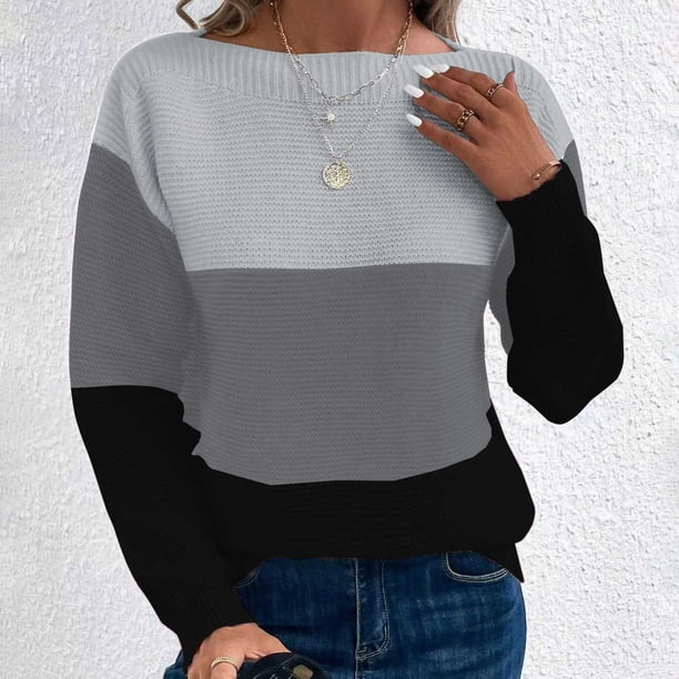 Suéter de cuello redondo para mujer, suéter de punto con empalme de color en contraste, cuello redondo, manga larga, blusa para mujer
