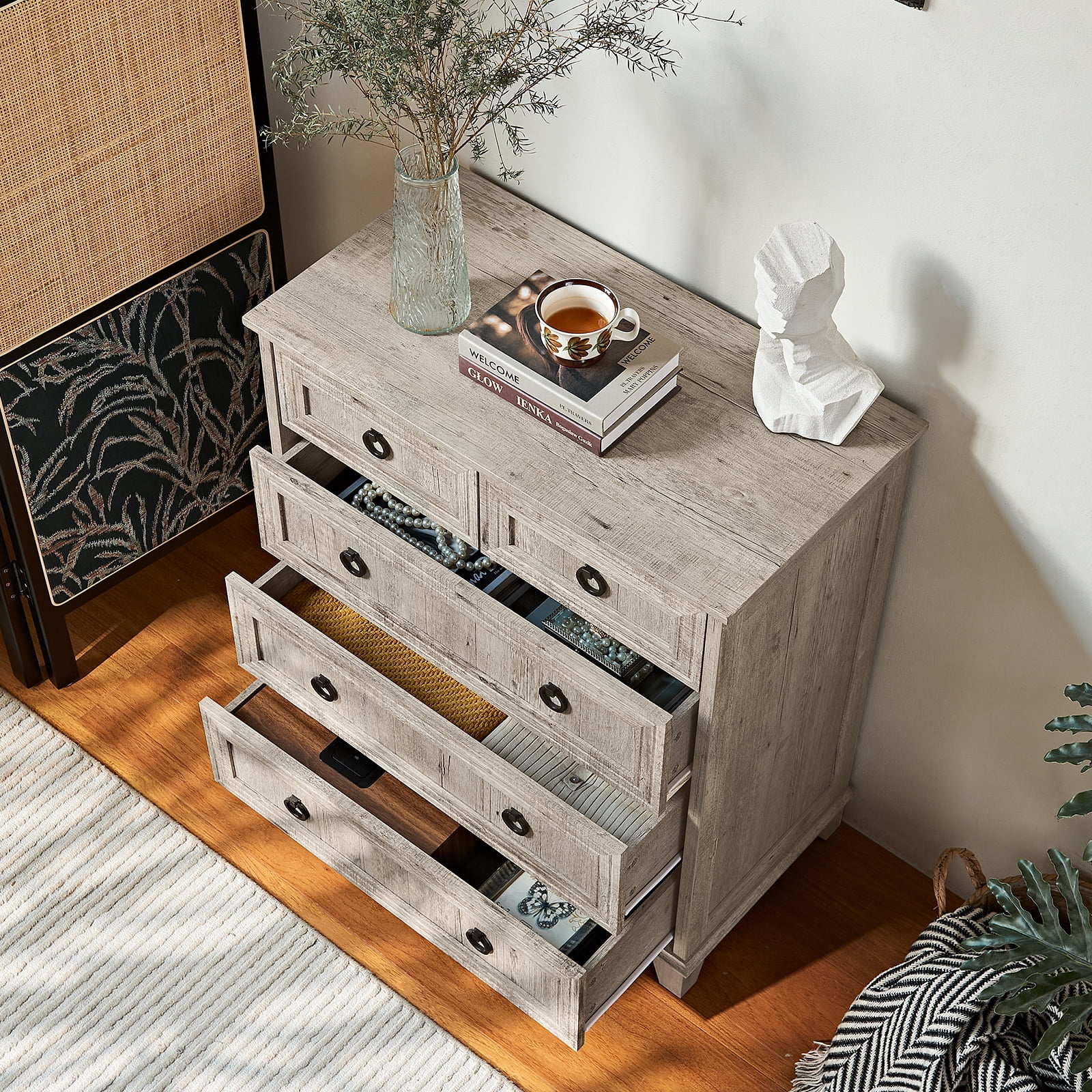 Joaxswe 5 Drawer Grey Oak Dresser for Bedroom, Rustic Chest of Drawer Wood Storage Cabinet for Entryway Living Room