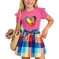 thumbnail image 2 of SGFCWSX Girls 2 Piece Outfits Ruffle Short Sleeve Heart Print Tops Belted Plaid Skirt Summer Casual Clothes Set Hot Pink Size 6, 2 of 9