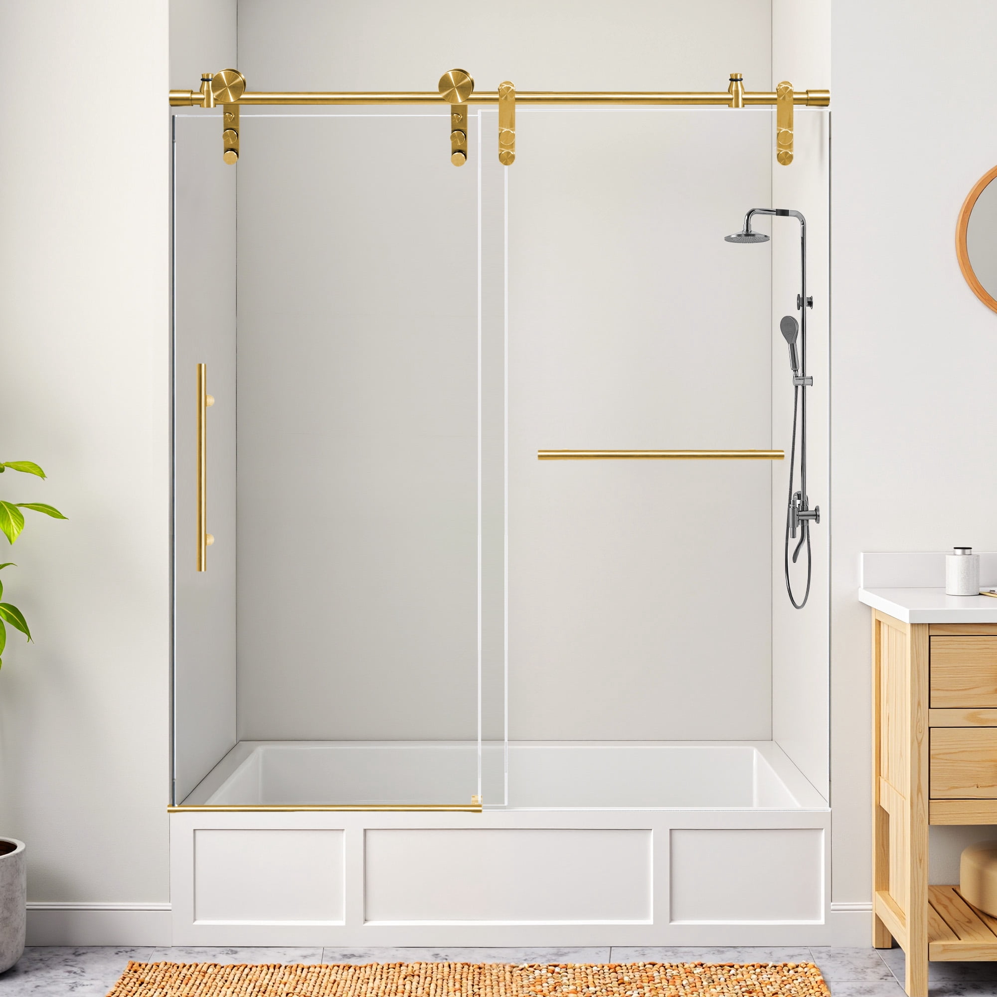MAYEERTY 60x66 Frameless Sliding Bathtub Shower Door, Stainless Steel Tempered Glass Shower Door with Anti-Water Seal, Gold