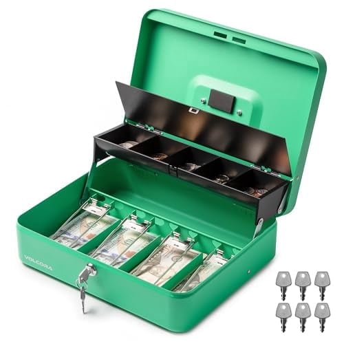 Volcora Large Cash Box with Key Lock, Metal Money Box for Cash, Portable Locking Safe Box with Money Tray, Durable Money Saving Organizer for Yard Sale, Garage Sale, Small Business, Green