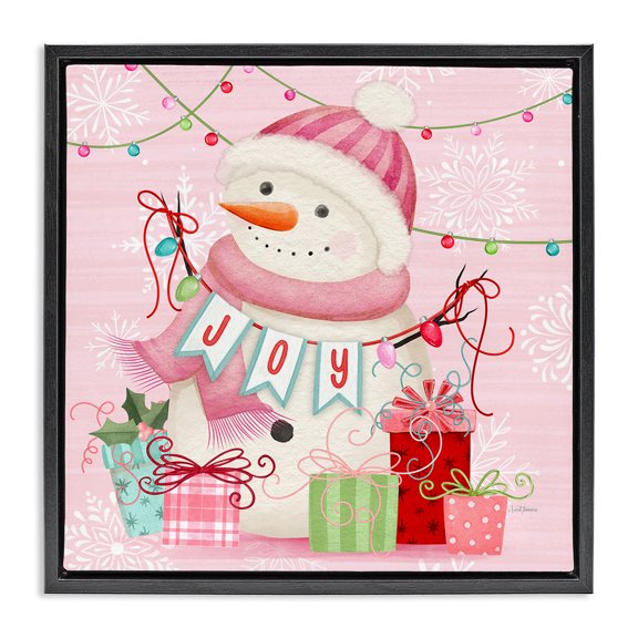 Stupell Industries Pink Snowman Joy Black Framed Floater Canvas Wall Art design by Nicole Tamarin, 18 x 18
