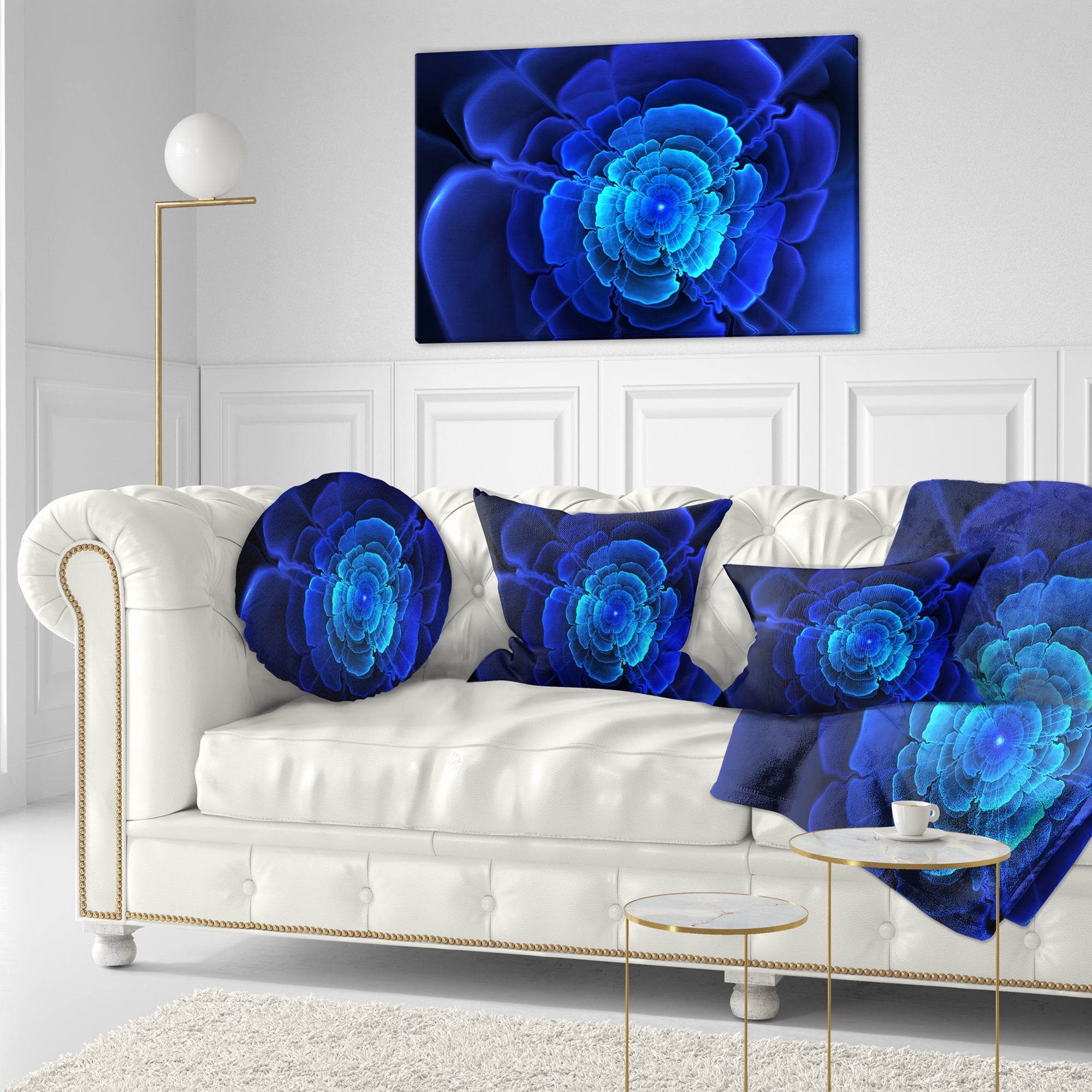 Designart Bright Blue Fractal Flower in Dark - Floral Throw Pillow - 12x20