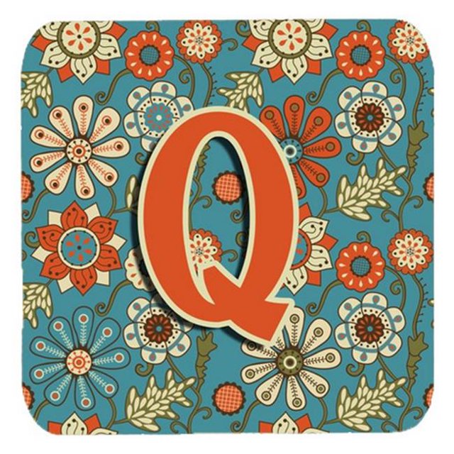 Carolines Treasures CJ2012-QFC Letter Q Flowers Retro Blue Foam Coasters- Set Of 4