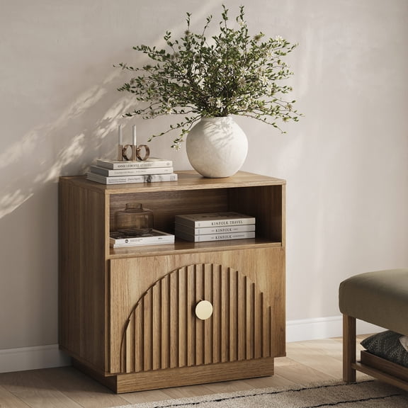 BELLEZE Set of 2 Wood Nightstand Bedside Table ,23 Inch Fluted Side Table with Storage Drawer and Open Shelf ,Modern End Table for Bedroom Living Room Office, Caramel Brown