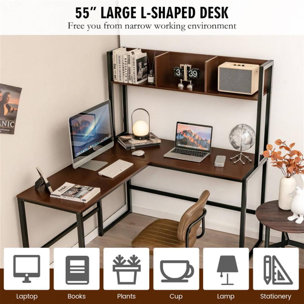 Demi Bonn Reversible L-Shaped Corner Desk with Storage Bookshelf, Small Home Office Desk Study Writing Table, Dark Brown