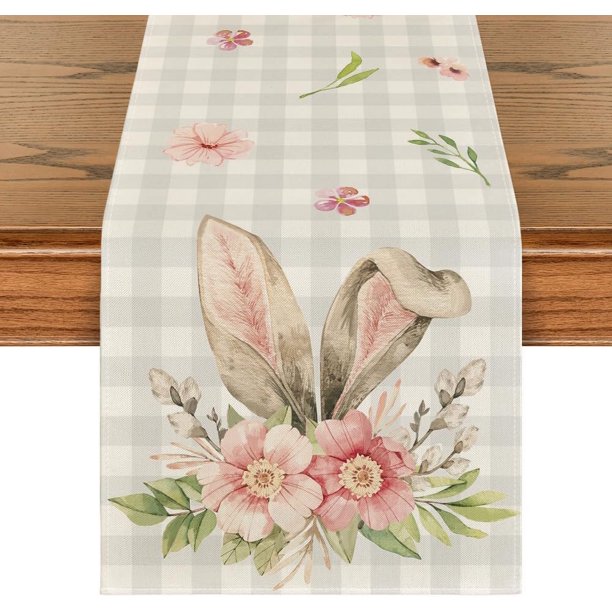 Mantel de Pascua con diseño de orejas de conejo y cuadros de búfalo, decoración de mesa de cocina de primavera y verano para interiores y exteriores, decoración de fiesta en el hogar, 13 x 72 pulgada