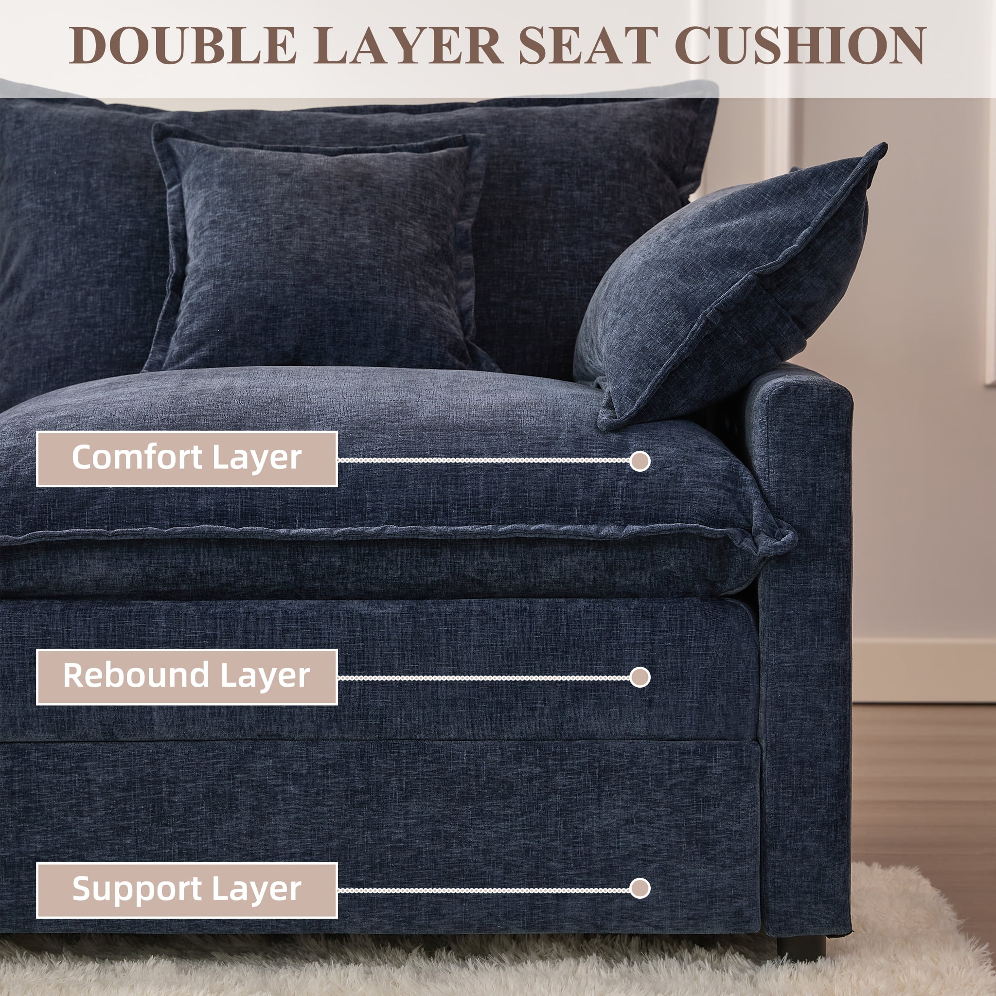 LAKPS 4-Seater Sectional Sofa Bed, Chenille Cloud Couch for Living Room, Navy
