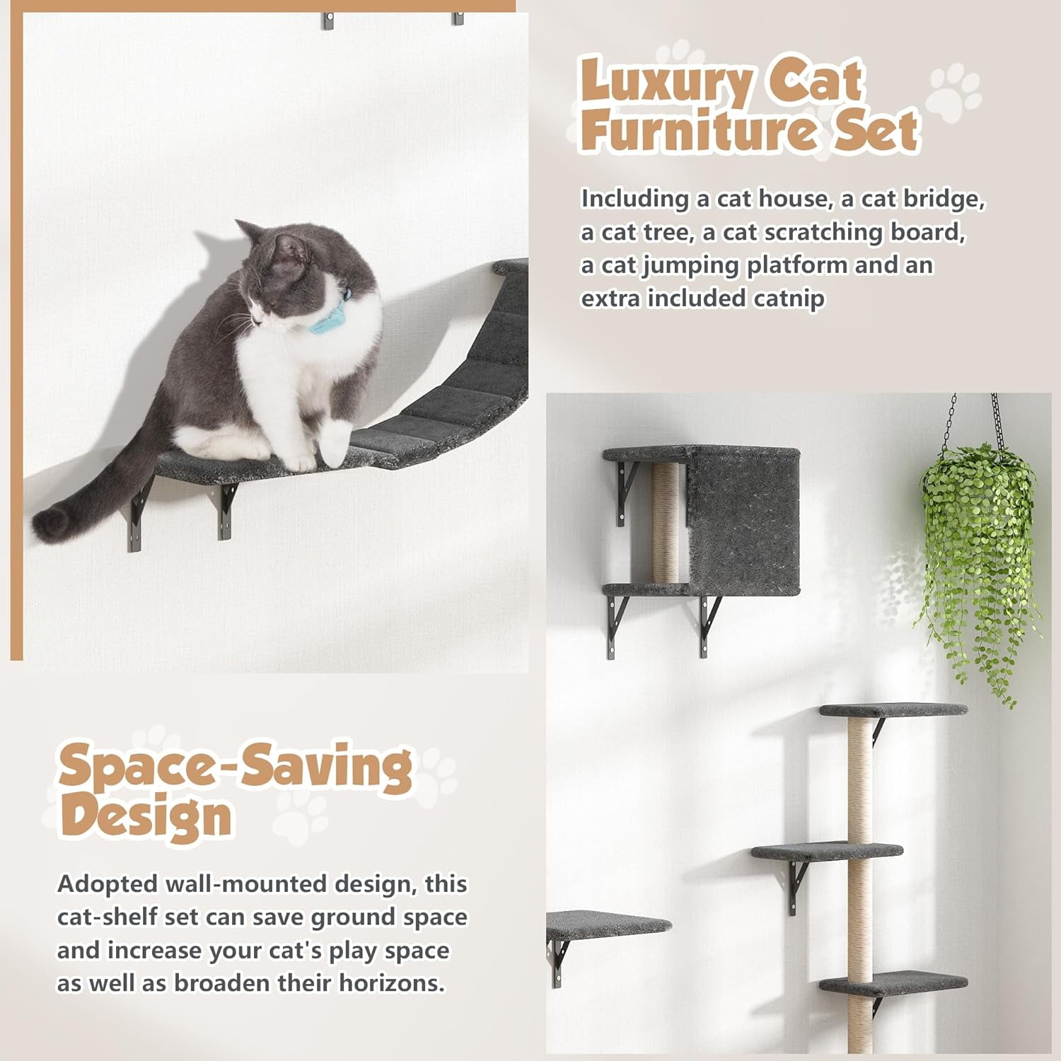 Cat Wall Shelves, Wall-Mounted Cat Climber Set of 5, Floating Cat Perches, Hanging Cat Beds, Modern Cat Furniture for Large Cats or Kitty (Grey)