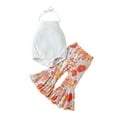 thumbnail image 1 of Pudcoco Infant Baby Summer Clothes Suit, Solid Color Ribbed Halter Neck Romper + Elastic Waist Flower Flare Pants, 1 of 9