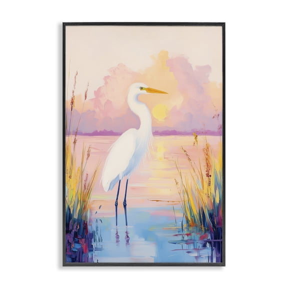 Stupell Industries Coastal Egret under Beaming Sunset Black Framed Giclee Art, 12 x 18, by Arlington Prints