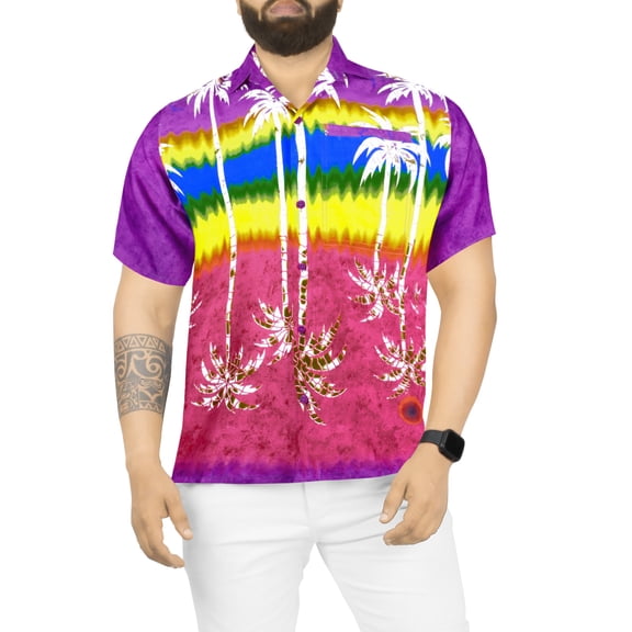 HAPPY BAY Men's Very Loud Beach Tropical Palm View Party Shirts Short Sleeves Button Down Hawaiian Shirt for Men L Violet, Reflection