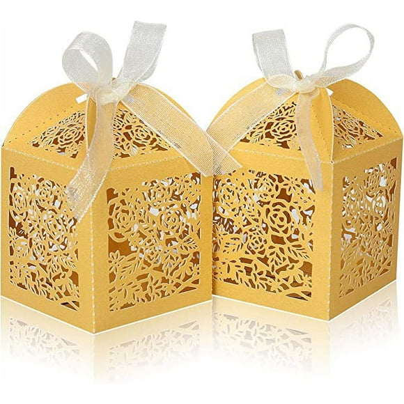 50pcs Laser Cut Favor boxes, Wedding Favors Candy Boxes with Ribbons and Tags, Small Gift Boxes for Wedding,Party,Baby Shower,Bridal Shower (50-2x2x2.76, Gold)
