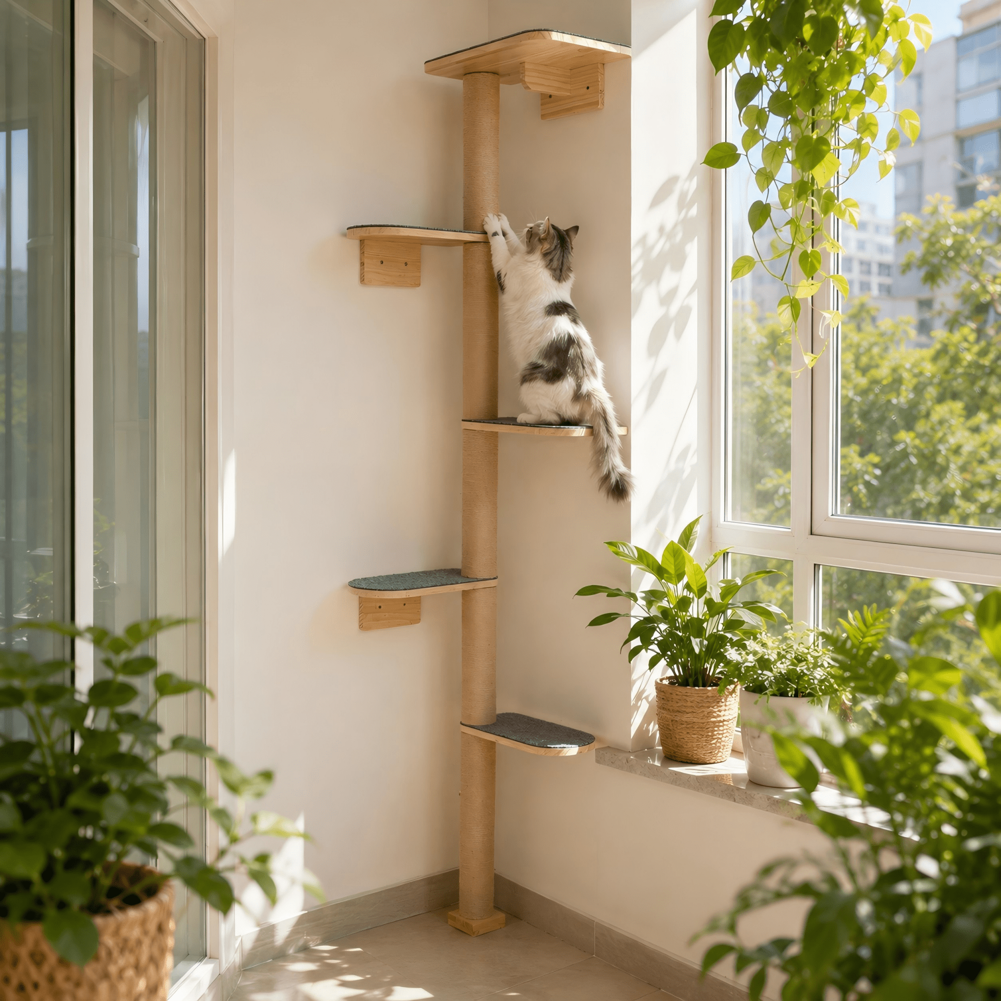 Peluomoz Gray Adjustable Floor to Ceiling Cat Tree with 5 Felt Platforms, Natural Pine Wood, 83 in