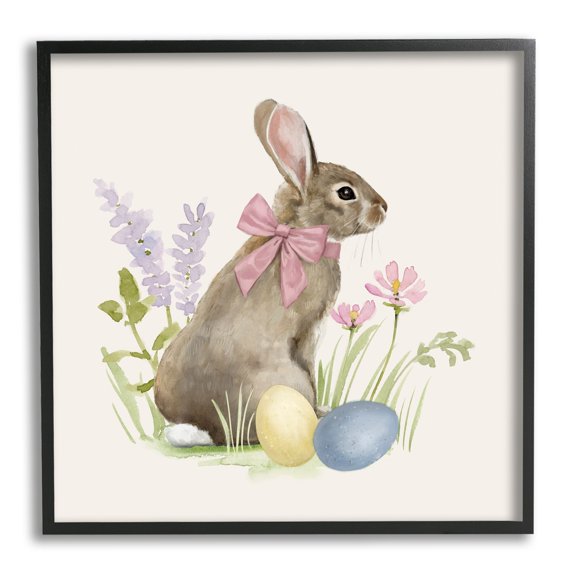 Easter Bunny Rabbit Bow Spring Flowers & Eggs Animals & Insects Painting Framed Art Print Wall Art