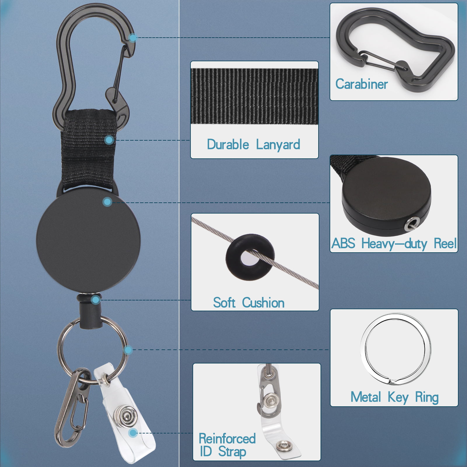1-1/2 Heavy Duty Black Plastic Carabiner Badge Reel, Tested to 160K  Retractions w/Metal Mini Split Ring & Metal Swivel J Hook