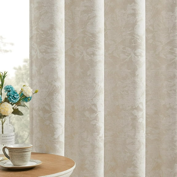 Beige Floral Jacquard Blackout Curtains 108 Inches Long 2 Panels for Bedroom Living Room Taupe Flower Chenille Room Darkening Thermal Soundproof Grommet Window Treatments Drapes 52x108