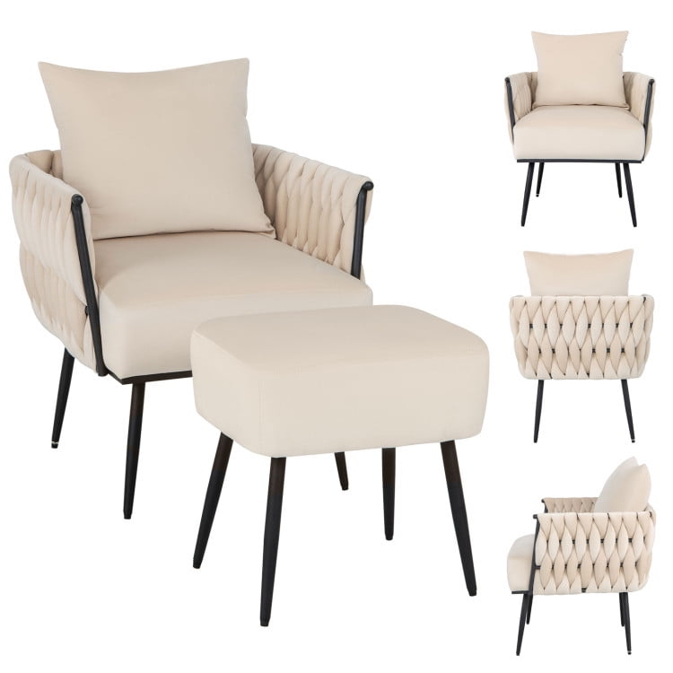 Finihen Accent Chair, Modern Upholstered Accent Chair, Modern Dutch Velvet Accent Chair and Ottoman Set with Weaved Back and Arms, for Living Room, Bedroom, White Finihen Accent Chair, Modern Upholstered Accent Chair, Modern Dutch Velvet Accent Chair and Ottoman Set with Weaved Back and Arms, for Living Room, Bedroom, White
