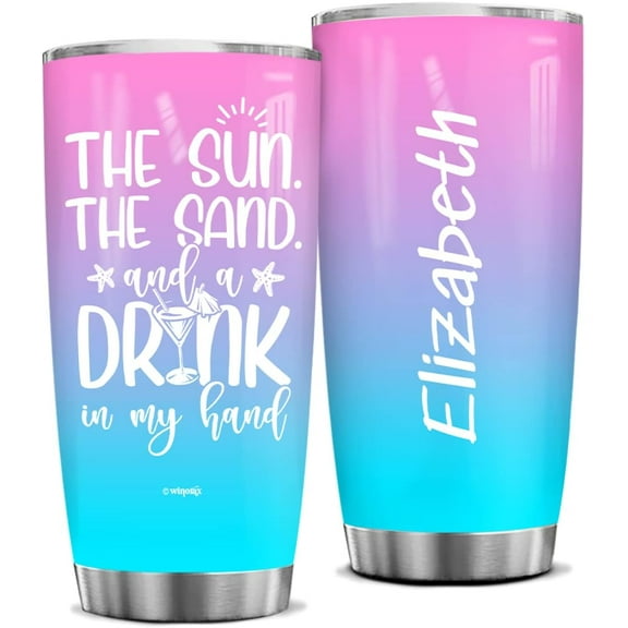 Beach Tumbler Personalized The San The Sun and a Drink In MY Hand Tumblers Travel Cup 20oz 30oz Stainless Steel Custom Gift For Women Girls Beach Trip Weekend Birthday Party Summer Vacation