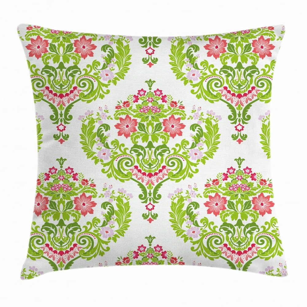 Damask Throw Pillow Cushion Cover, Floral Arrangement Damask Green