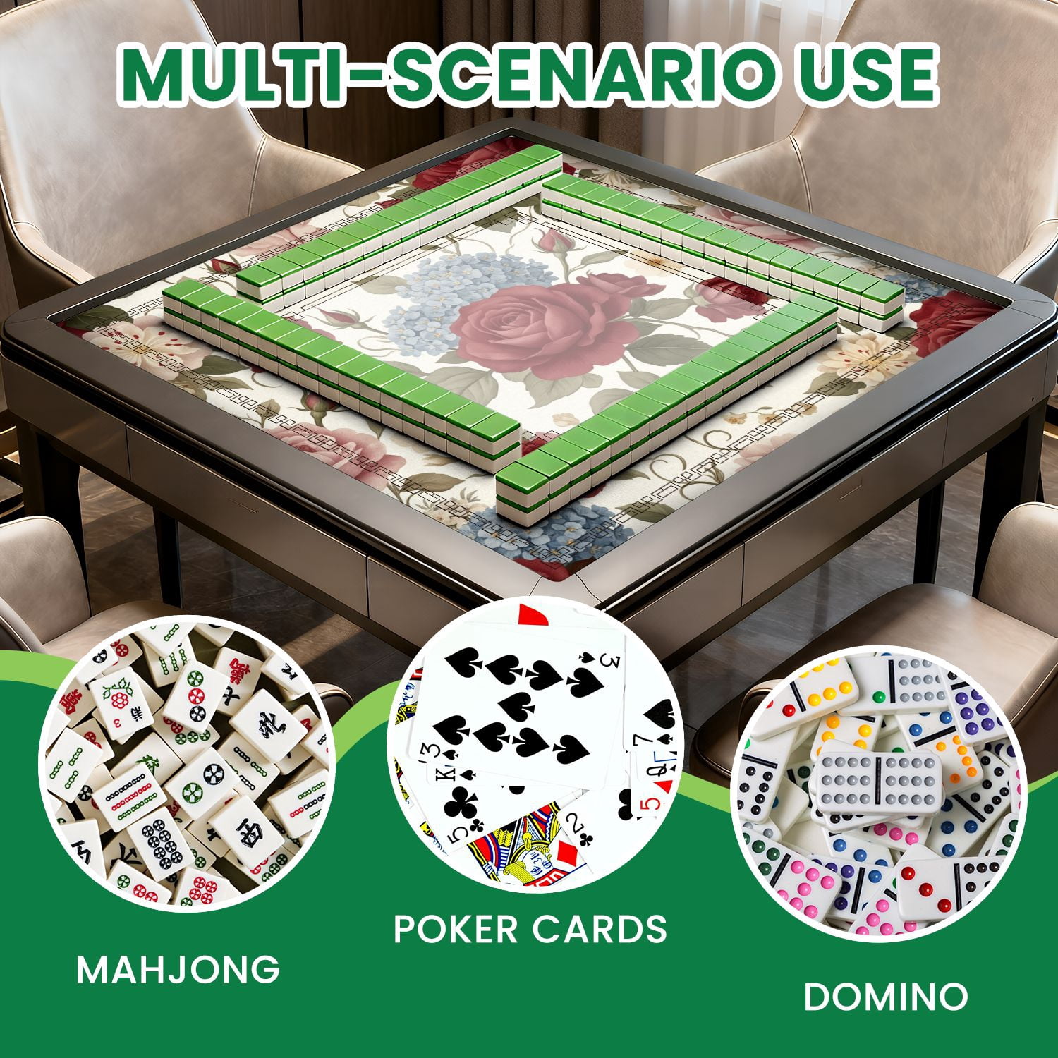 Mahjong Mat 31.5" x 31.5" Intricate Floral seamless red roses plumeria Flower Illuatration Non-Slip Noise Reduction American Mahjong Tiles Table Cover for Dominoes Poker Card Board Games Gift