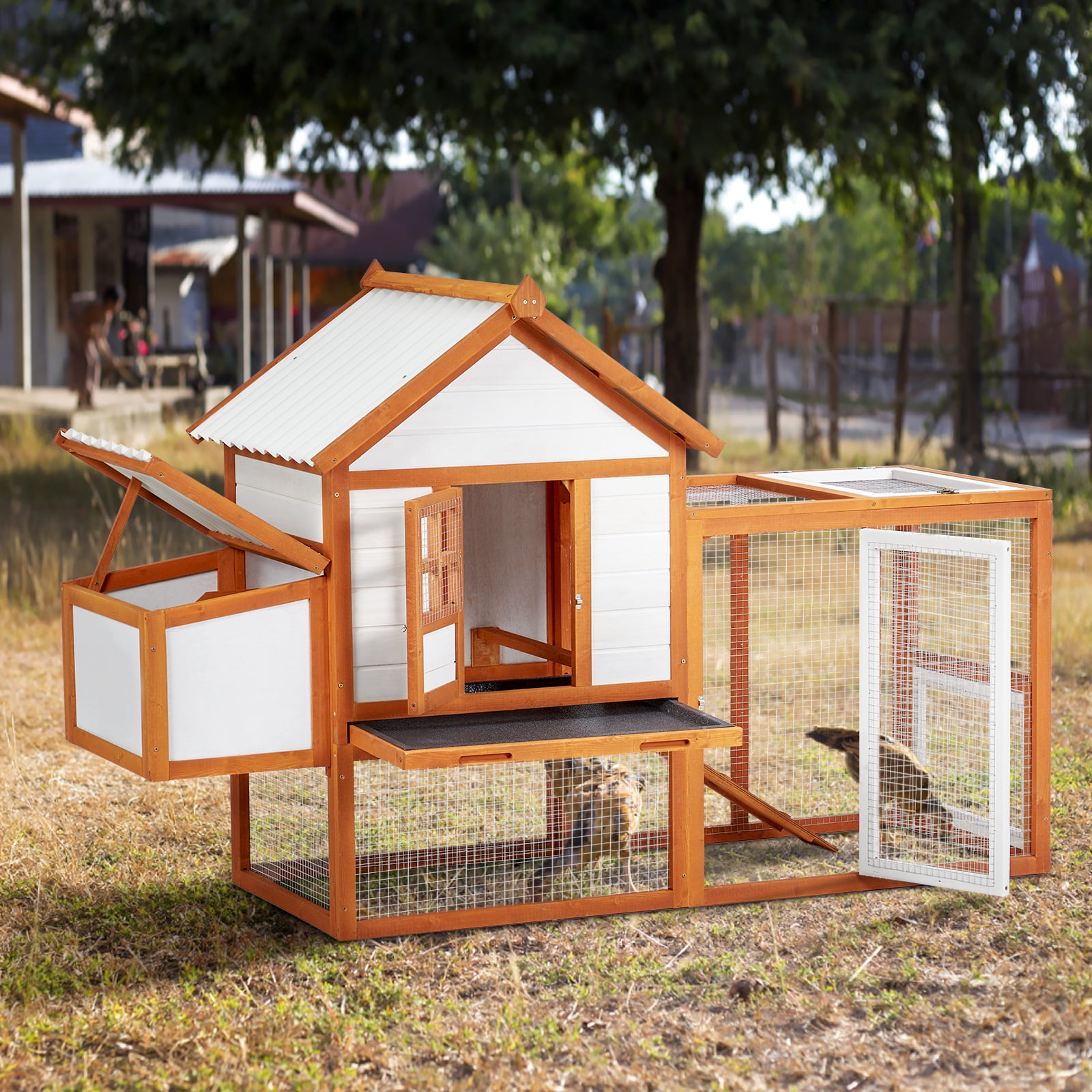72" Chicken Coop with Run, 2 Tier Large Rabbit Hutch Outdoor Wooden Hen House with Nesting Box Rabbit Cage Ramp Pet House Chicken House with UV-Resistant Roof Panel, Stairs and Tray