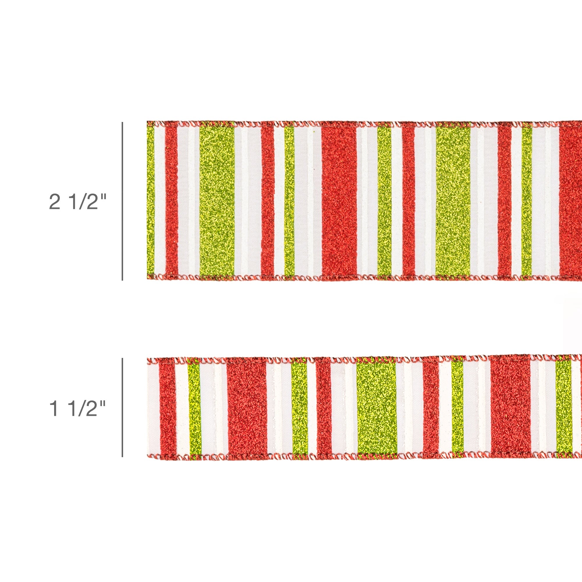 LaRibbons 2 1/2" Wired Ribbon, Red, Green, White Horizontal Glittered Stripes on White, 10 Yard Roll