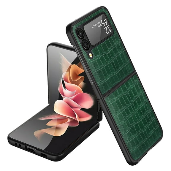 Allytech for Samsung Galaxy Z Flip4 5G 2022 Phone Case,Crocodile Pattern PU Leather Ultra Thin Folding Solid PC Hard Anti-scratch Protective Cover,Green
