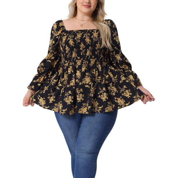 Blusas de peplum con estampado floral para mujer de tallas grandes Agnes Orinda, con cuello cuadrado y mangas largas, camisetas casuales 3X en negro