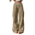 thumbnail image 2 of WIZUTIZ Women's Solid Color Wide Leg Jogger Pants High Rise Elastic Drawstring Waist Side Pockets Long Length Casual Trousers Comfy Soft Stretchy Everyday, 2 of 8