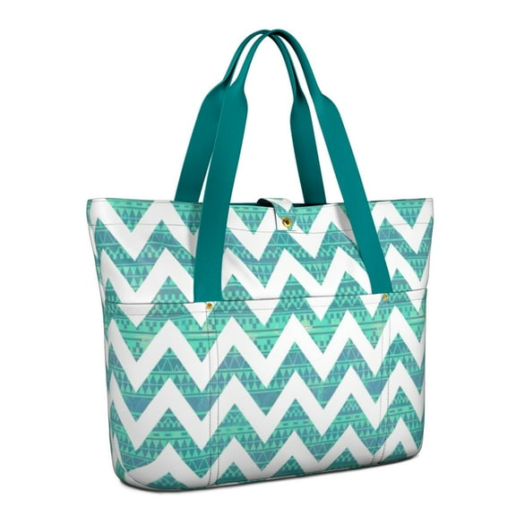 Women's Large Tote Bag with Zipper - 20L Green Stripes Travel Beach Weekender Duffle Bag Foldable Teacher Nurse Handbag for Work, Gym Shoulder Bag - Fits 15.6" Laptop, Folds Into Pouch