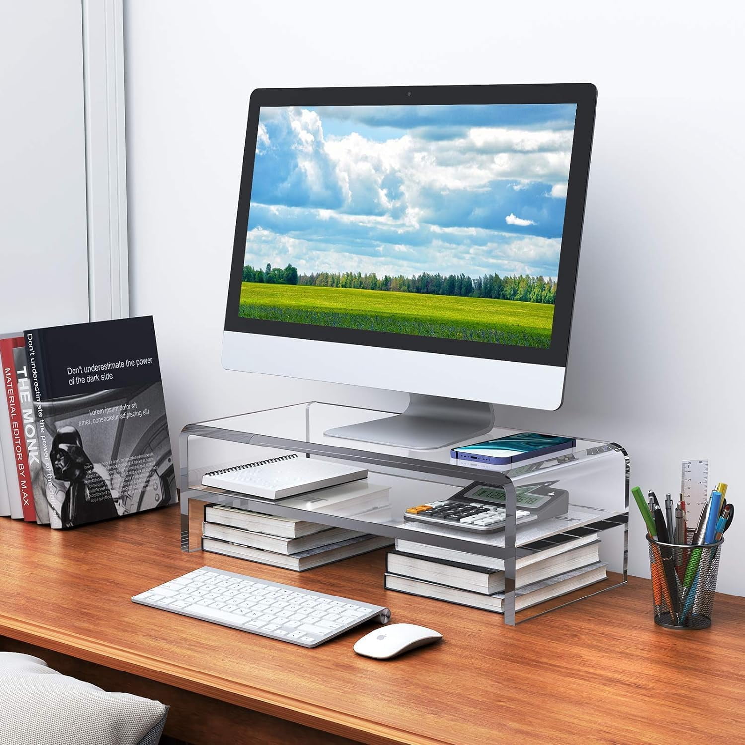 Acrylic Monitor Stand 2 Tiers Computer Riser 18x8x5.5 Inch Desktop Organizer for Office Home School Keyboard Storage