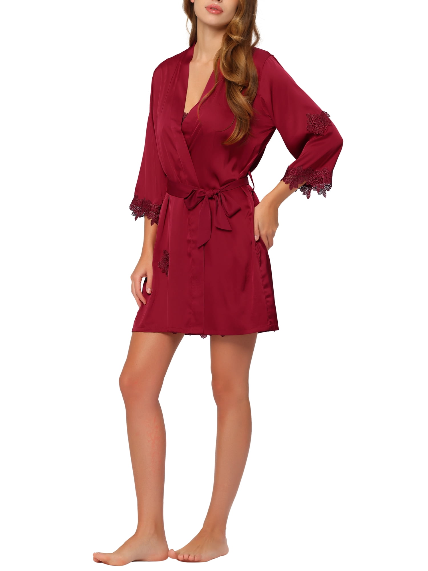 Unique Bargains Women's Satin 2pcs Cami Nightdress with Robe Sexy Pajama Sets L Red