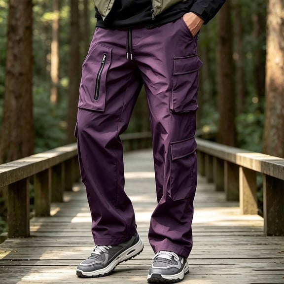 COSFO 6 Pockets Men's Cargo Pants Waterproof Tactical Hiking Pants Drawstring Work Relaxed Fit Solid Straight Leg Pants for Men
