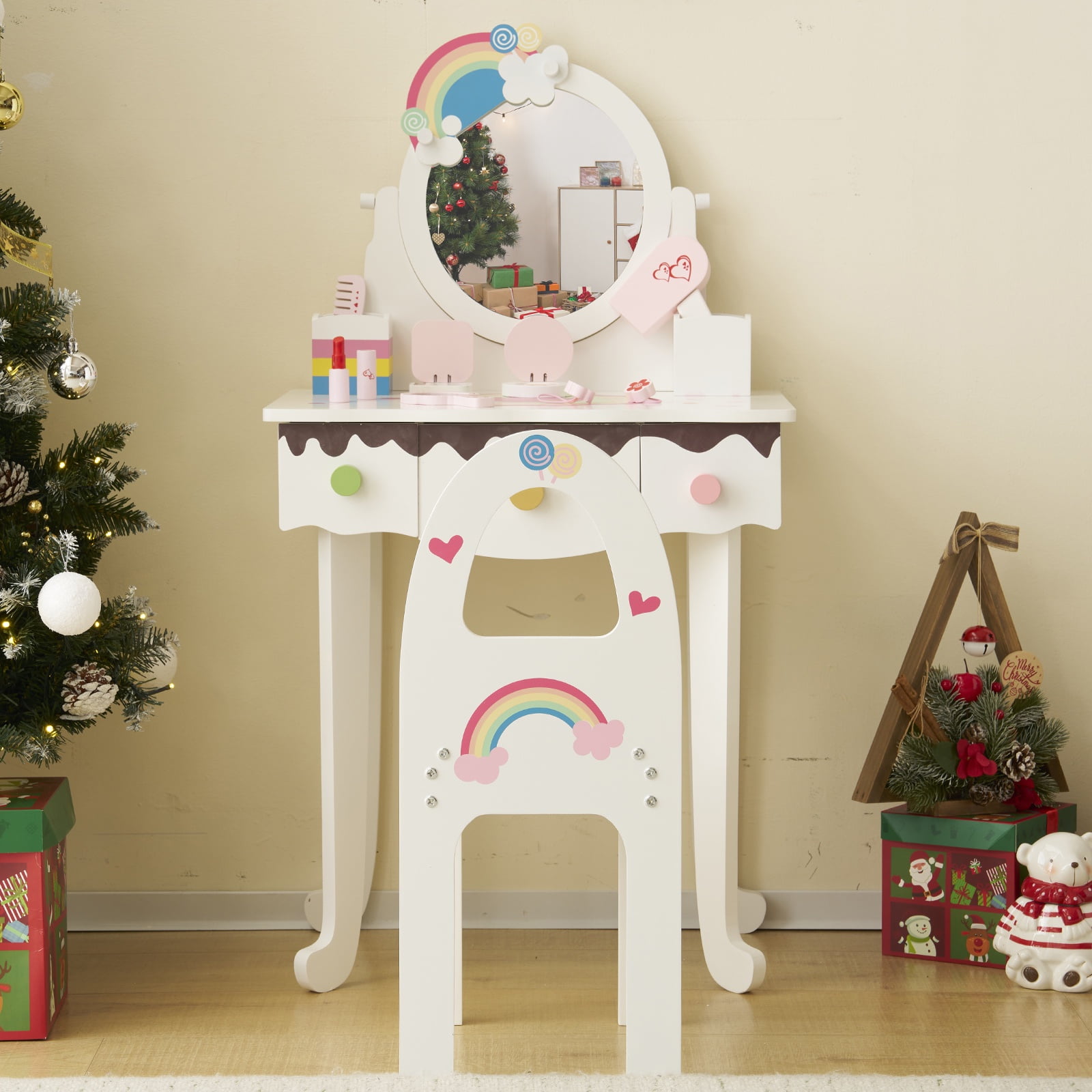 Paproos Kids Vanity with Mirror, Wood Girls Vanity Set with Drawers & Stool, Princess Toddler Dressing Table with 7Pcs Pretend Play Makeup Toys, Makeup Vanity Table for Littler Girls Aged 3+, White