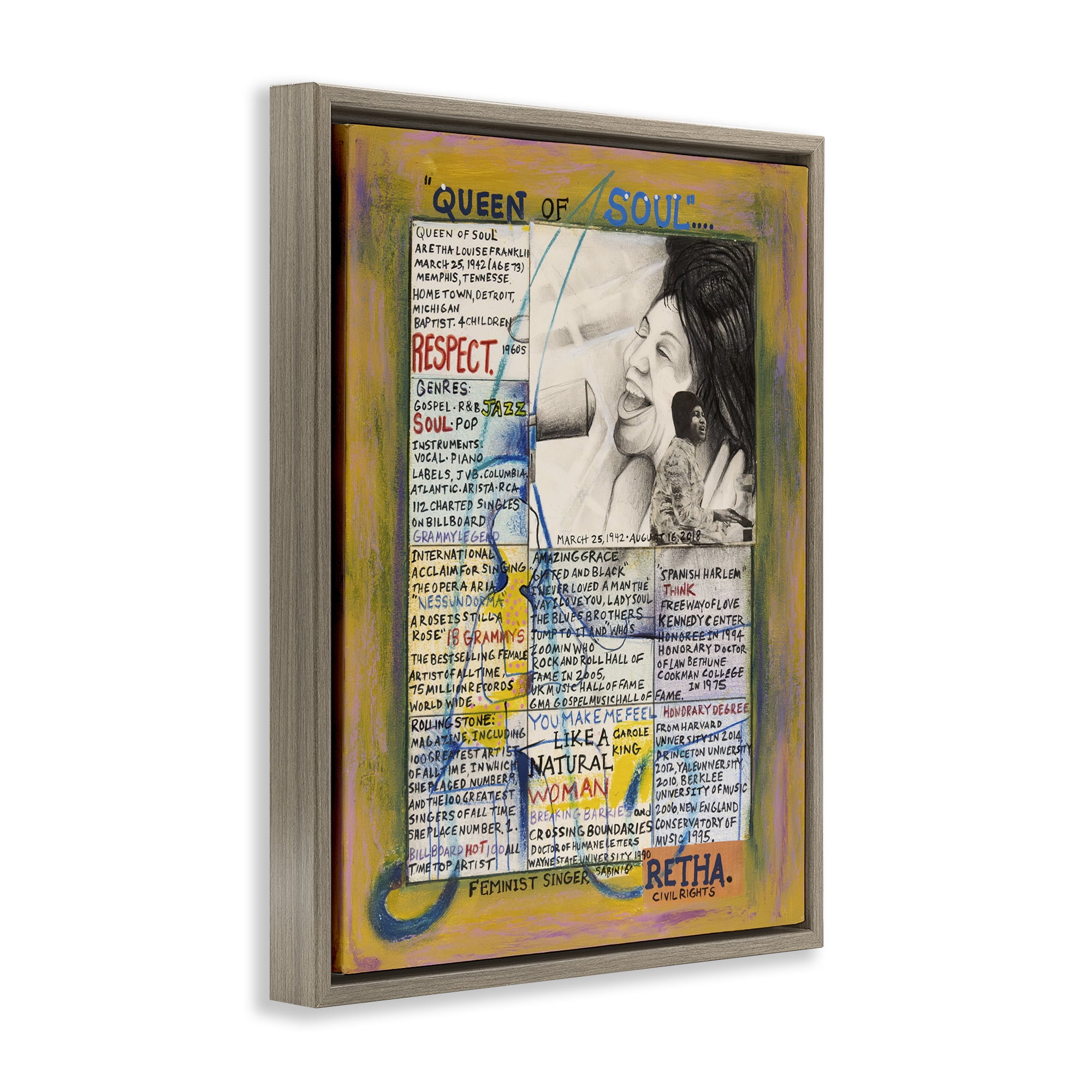 Stupell Industries Aretha Franklin Collage People Drawing Brown Floater Framed Canvas Art Print Wall Art, 25 x 31