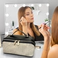 thumbnail image 5 of Organizador doble cremallera de bolsa de piel de piel – Estuche de maquillaje y artículos de aseo para viaje, divisor de 3 secciones, diseño de pie, 25×13×12 cm, limpia con toallita, 5 of 5