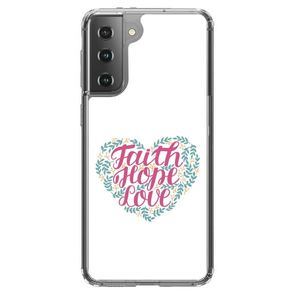 DistinctInk Clear Shockproof Hybrid Case for Galaxy S21  PLUS 5G (6.7" Screen) - TPU Bumper, Acrylic Back, Tempered Glass Screen Protector - Faith / Hope / Love - Floral