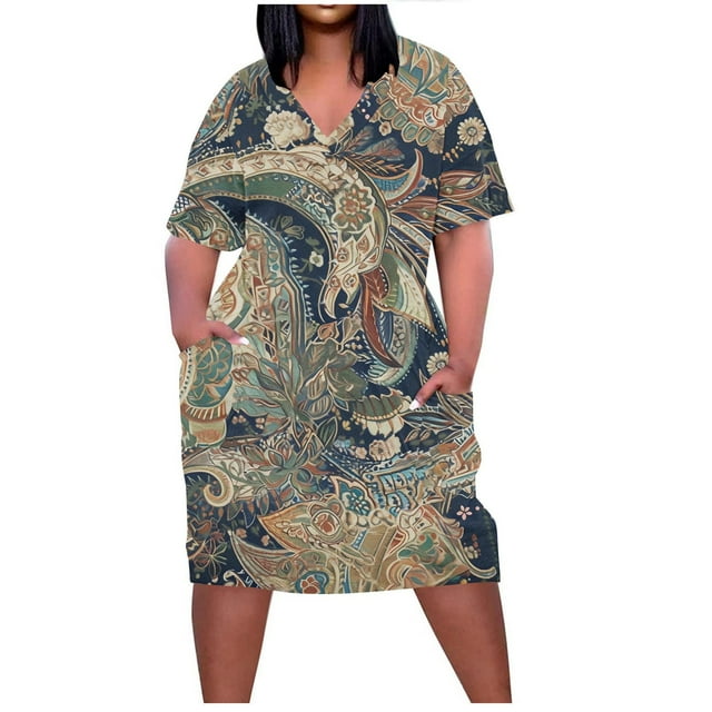 Pisexur Robes d'Été pour Femmes Mode Multicolore à Imprimé Floral Robe Soleil Décontractée Ample à Col en V à Manches Courtes Robes T-Shirt Fluides Surdimensionnées Robe Soleil avec Poches Grande Taille Robe Midi G-5TG