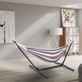 thumbnail image 3 of Ktaxon 9ft Coffee Striped Polyester Cotton Hammock Set, Metal Frame Stand with Silver Floral Pattern, 2 x 1.5m Outdoor Hammock, 330 lbs Weight Capacity, 3 of 11