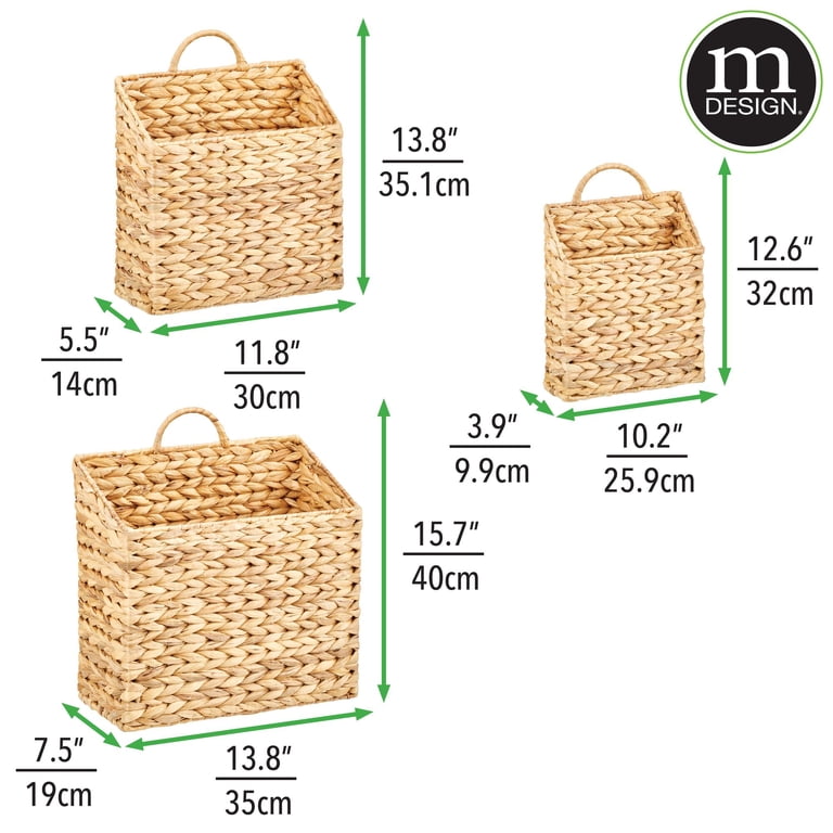 mDesign Woven Water Hyacinth Hanging Wall Storage Basket - Set of